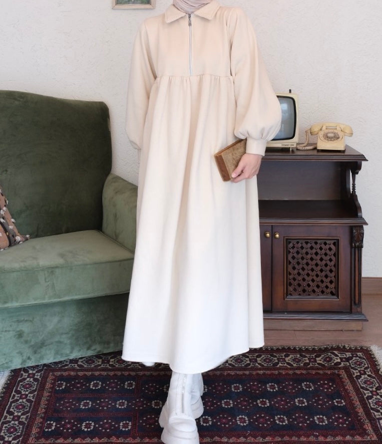 Zipper Sweater Dress-Cream