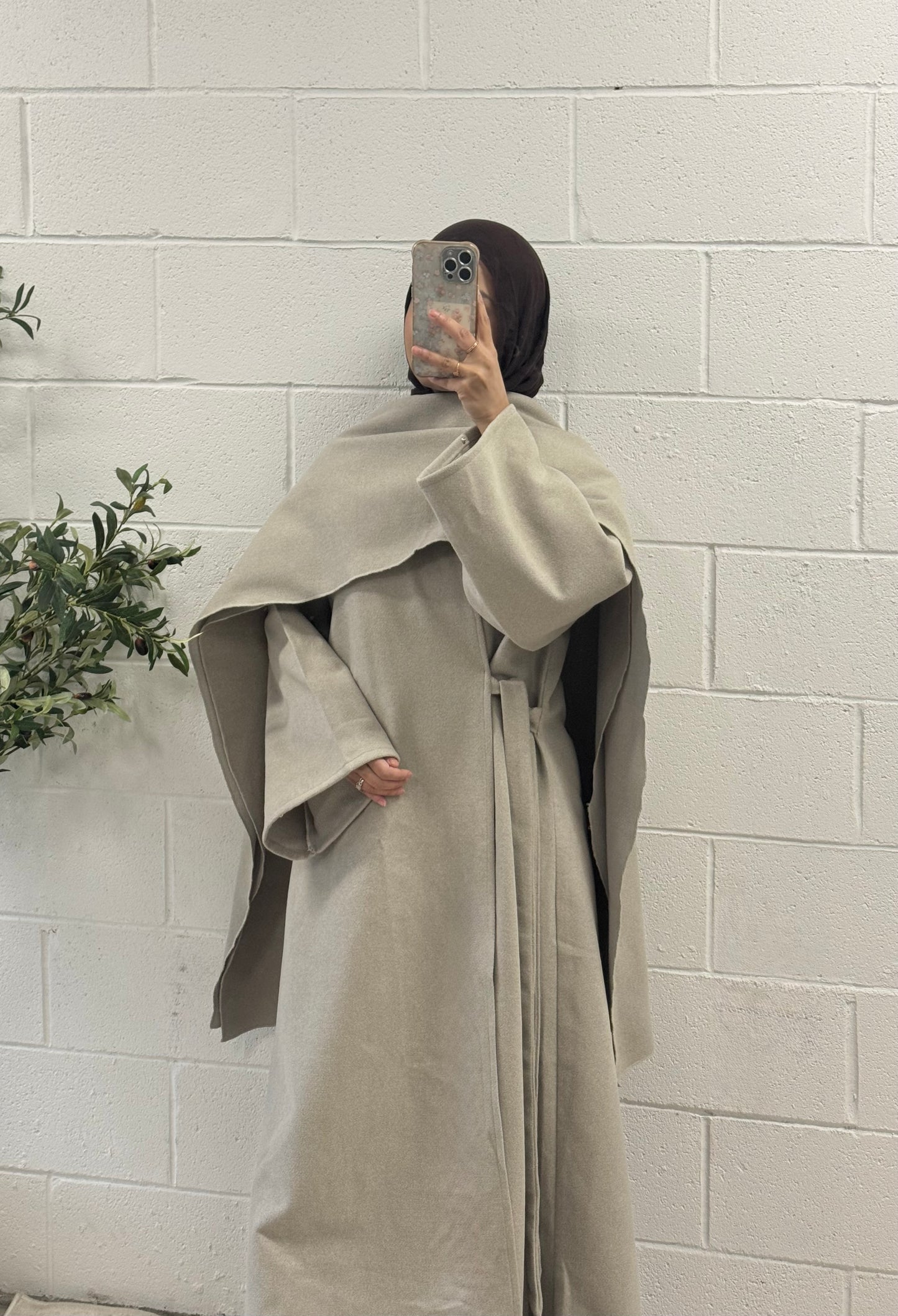 Wool Abaya Coat-Matching Shawl-Beige