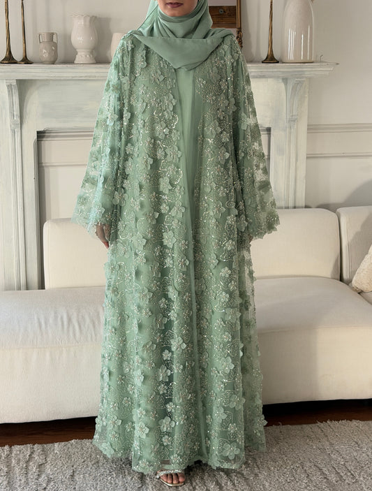 Malika-Heavy Work Flower Abaya - Sage