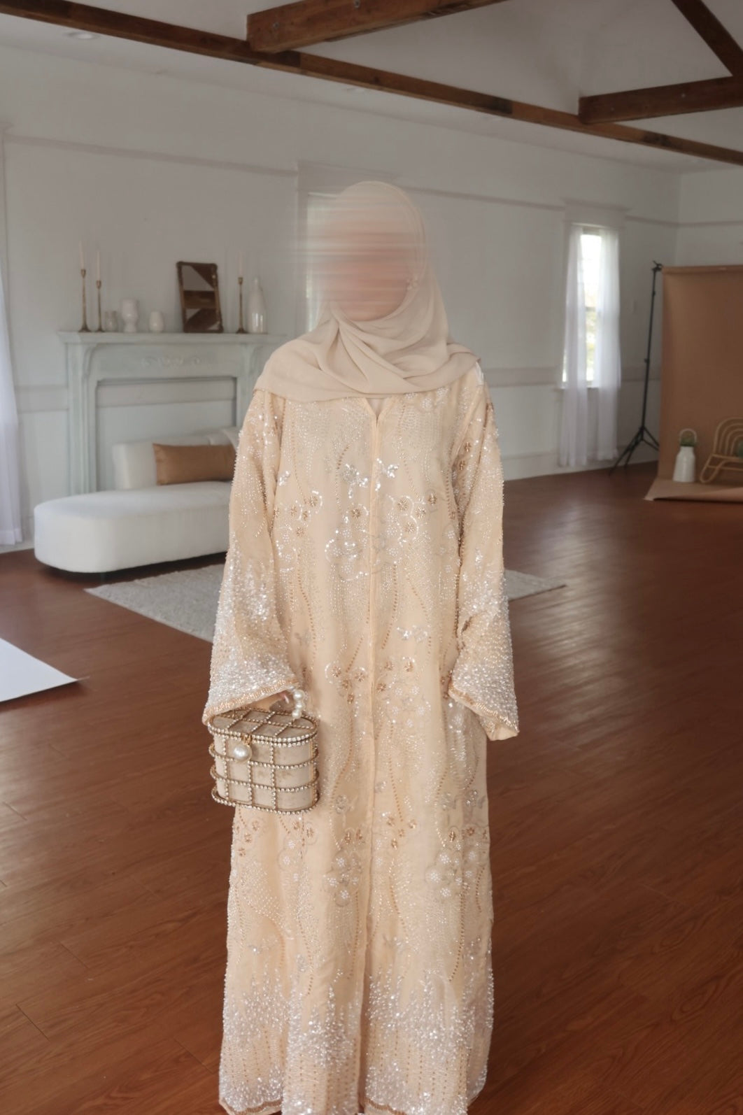 Liyana-Organza Embellished Abaya-Three-piece-Light Peach