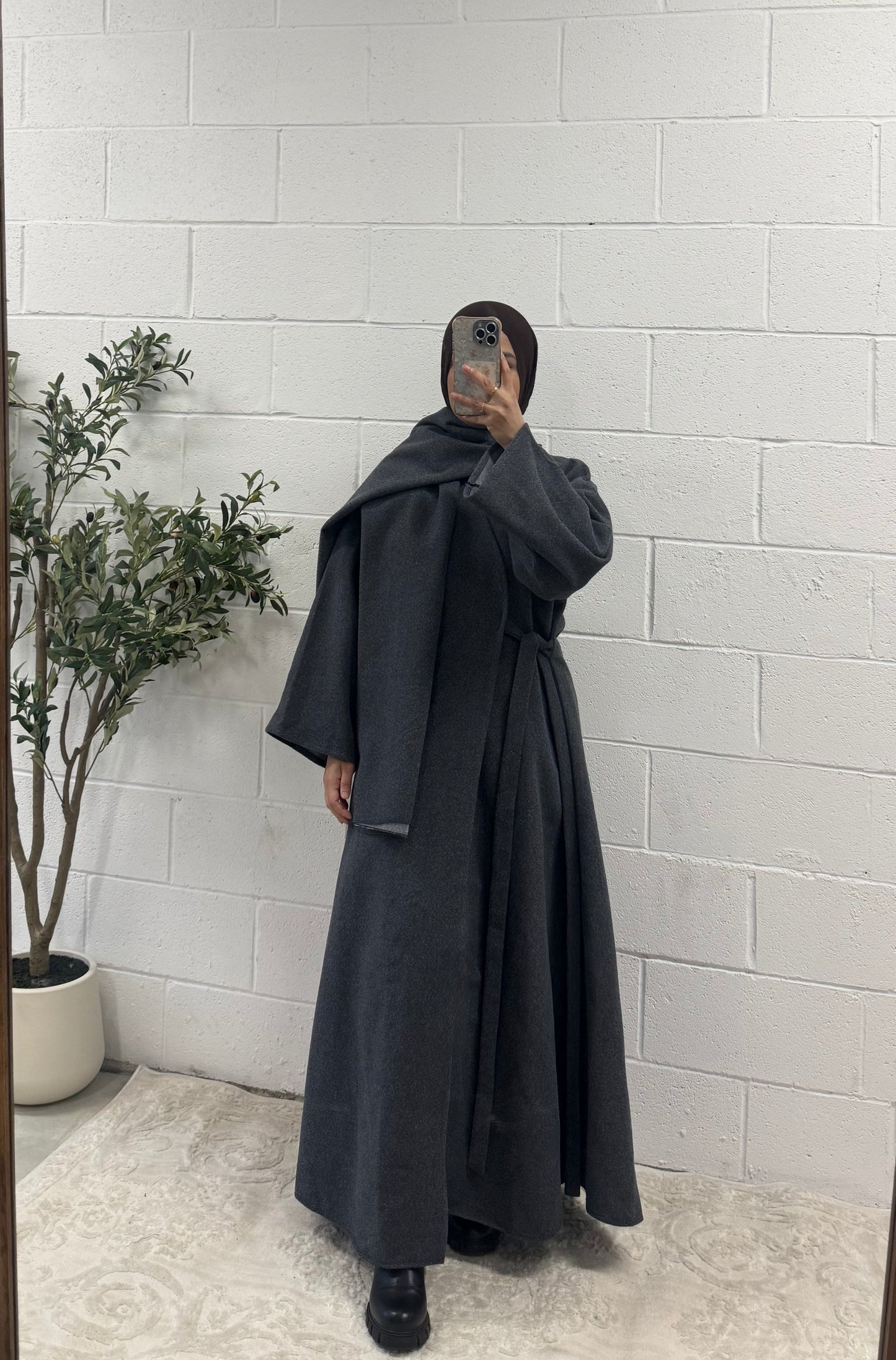 Wool Abaya Coat-Matching Shawl-Dark Grey