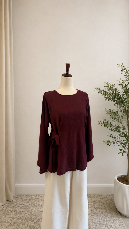 Rosalie Tie Top - Wide Sleeves-Maroon