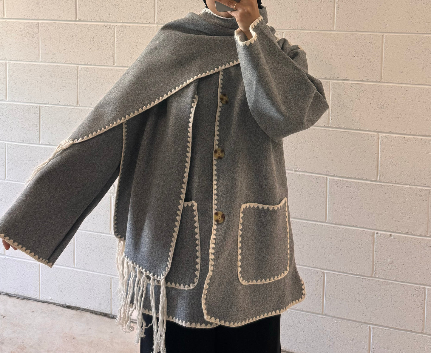 Crochet and Tassel Scarf Jacket-Gray