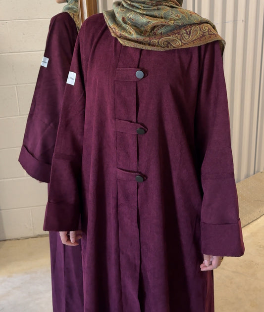 Arwa-Corduroy Winter Button Abaya-Maroon