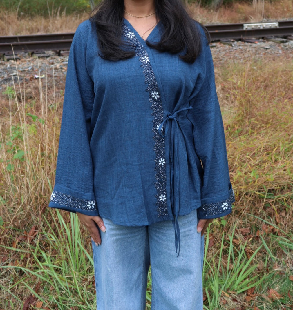 Hana-Handwork Blouse- Denim Blue