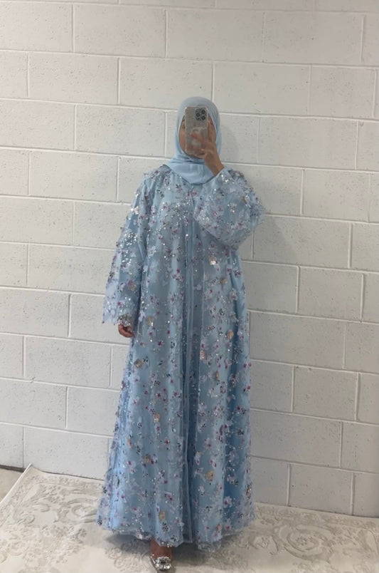 Nouri-Heavy Flower Work-Blue Abaya set