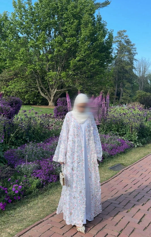 Nouri-Heavy Flower Work-White Abaya set
