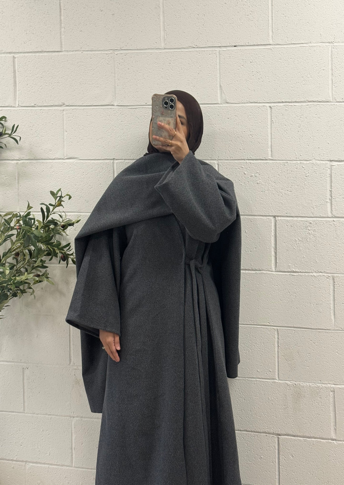 Wool Abaya Coat-Matching Shawl-Dark Grey