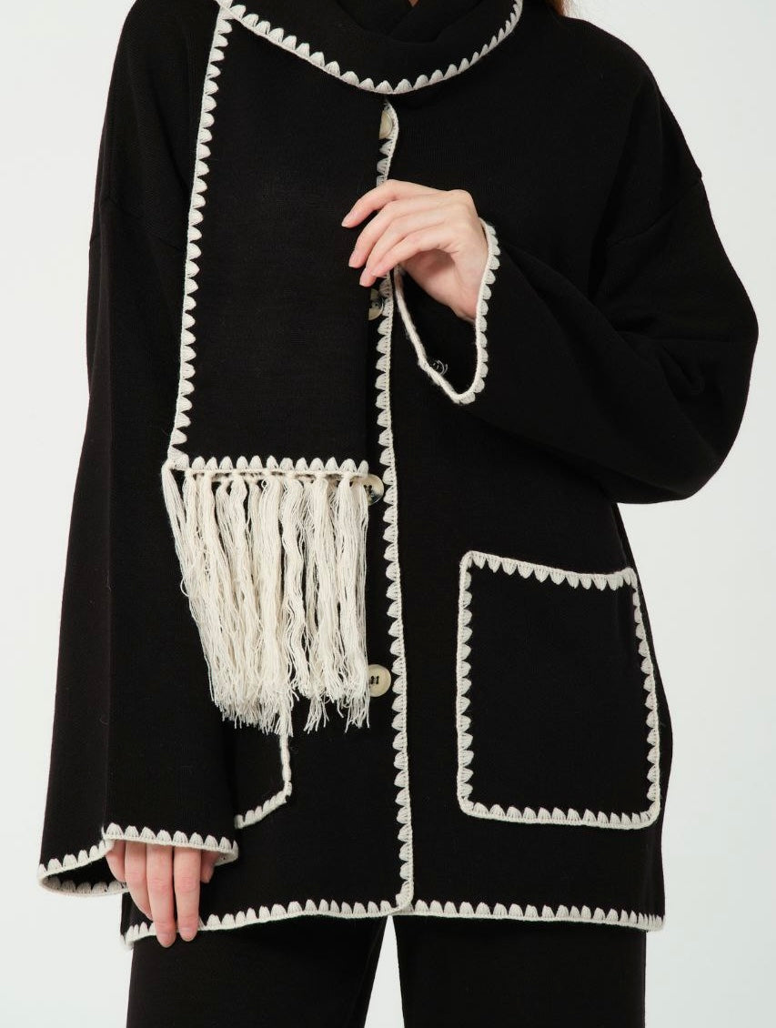 Crochet And Tassel Scarf Three-piece Set-Black