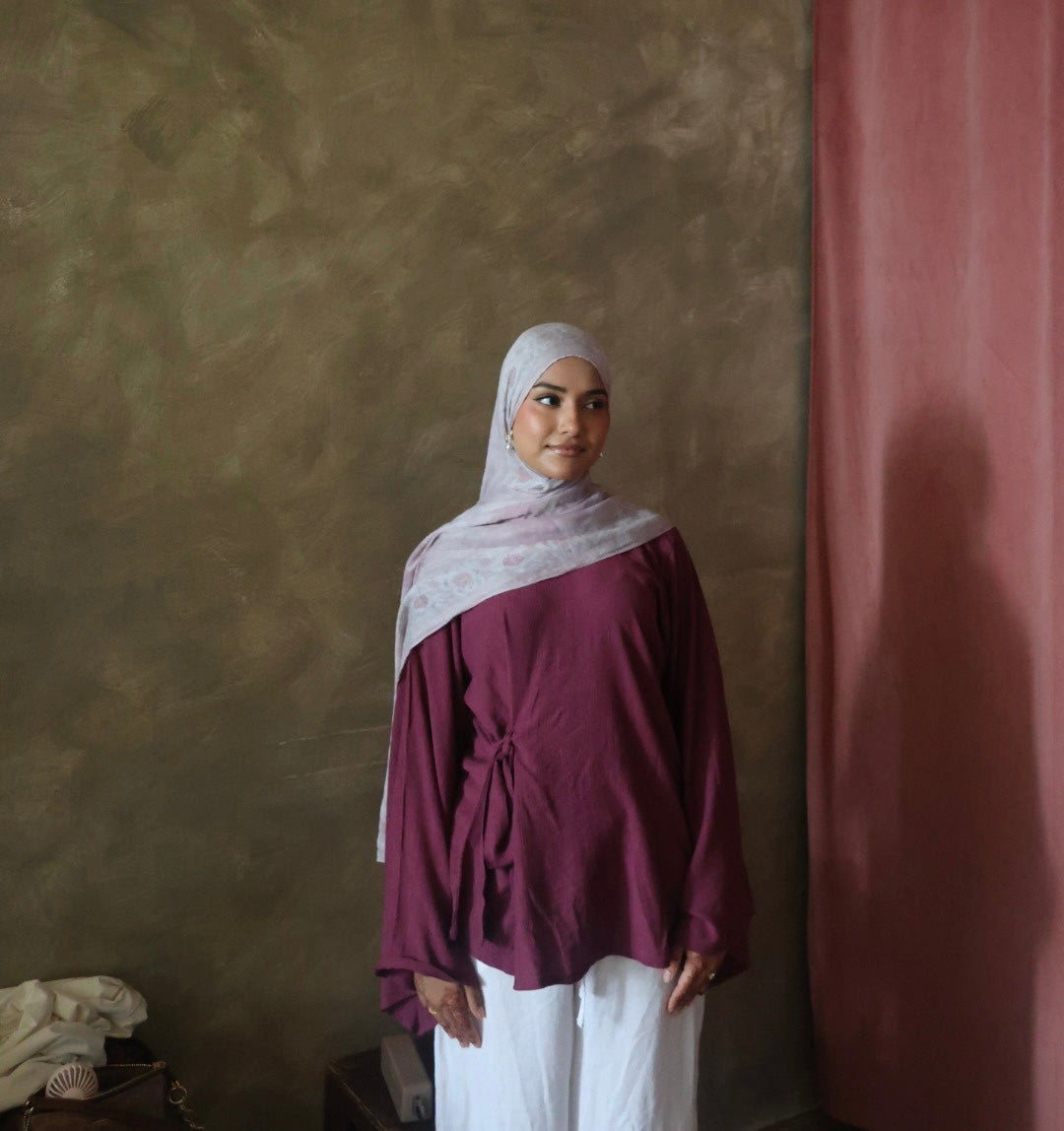 Tie Front Top- Wide Sleeves-Dull Magenta