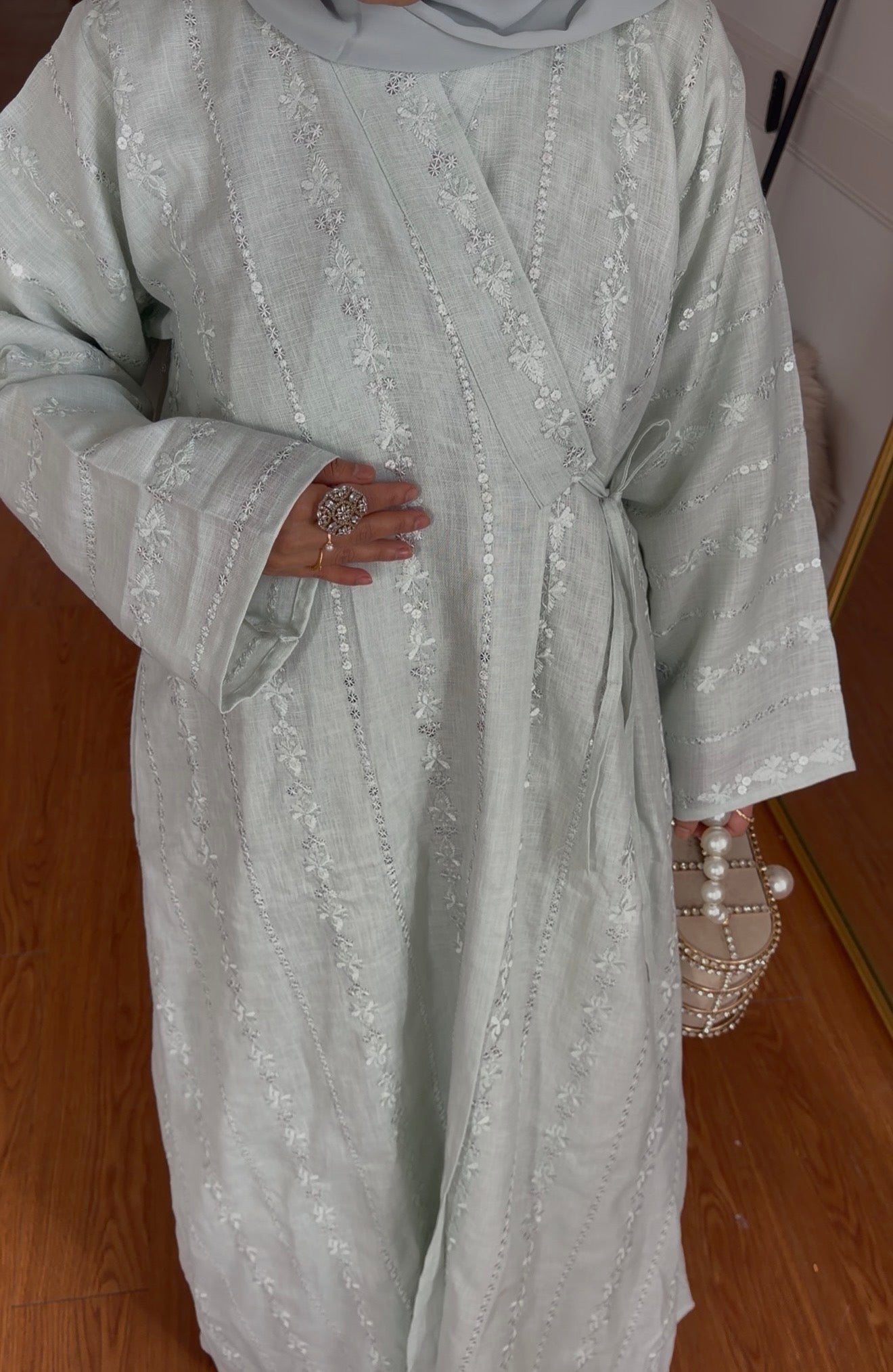 Zaria- Embroidery- Three Piece- Abaya-Light Mint
