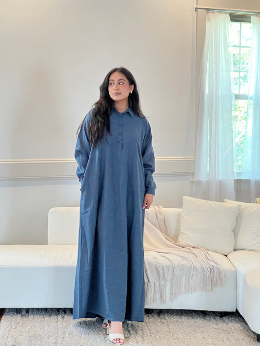 Shirt Abaya-Front button-Steel Blue