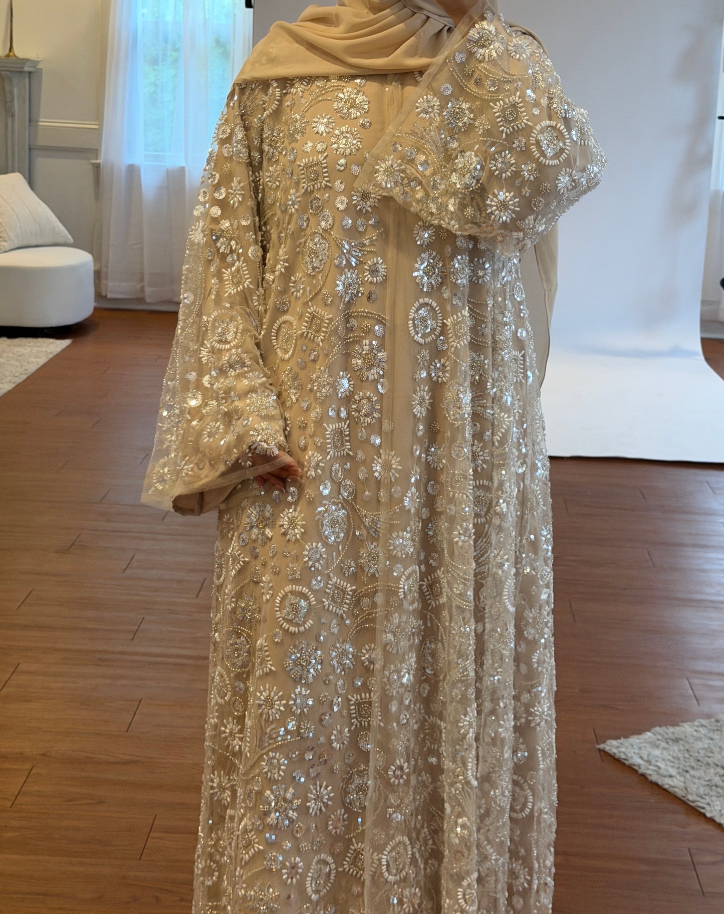 Roya-Heavily embellished-Abaya Set-Honey Beige