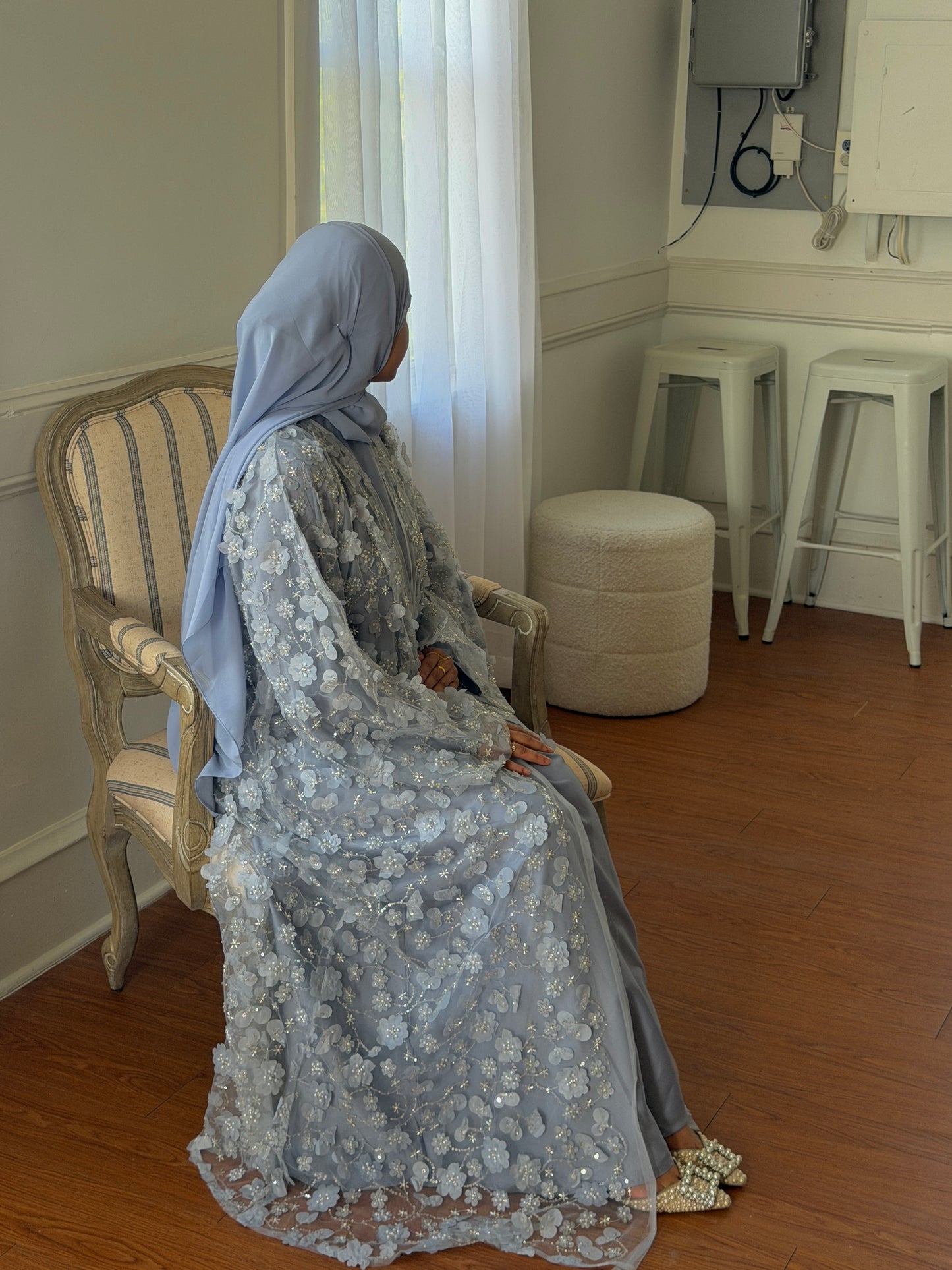 Malika-Heavy Work Flower Abaya - Blue Gray