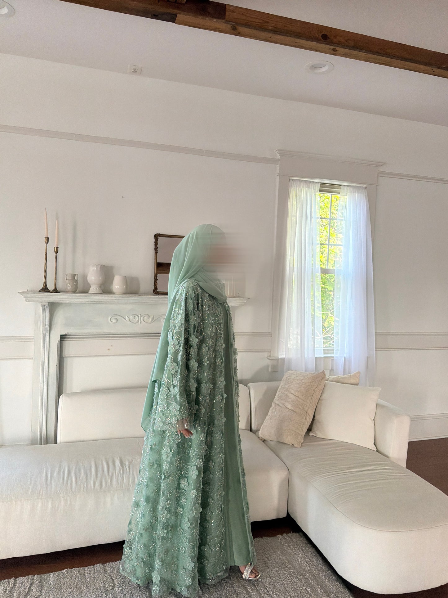 Malika-Heavy Work Flower Abaya - Sage