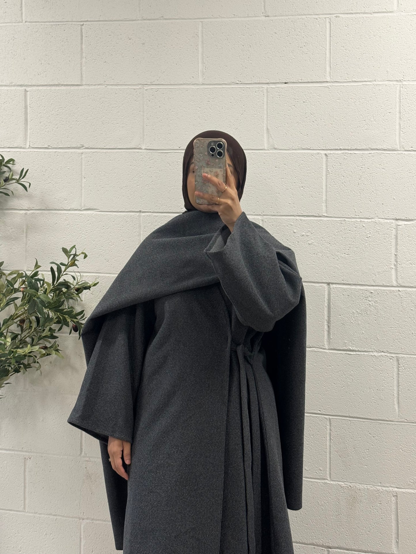 Wool Abaya Coat-Matching Shawl-Dark Grey