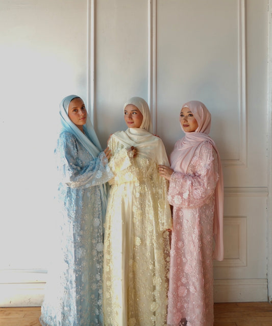 Malika-Heavy Work Flower Abaya - Blush