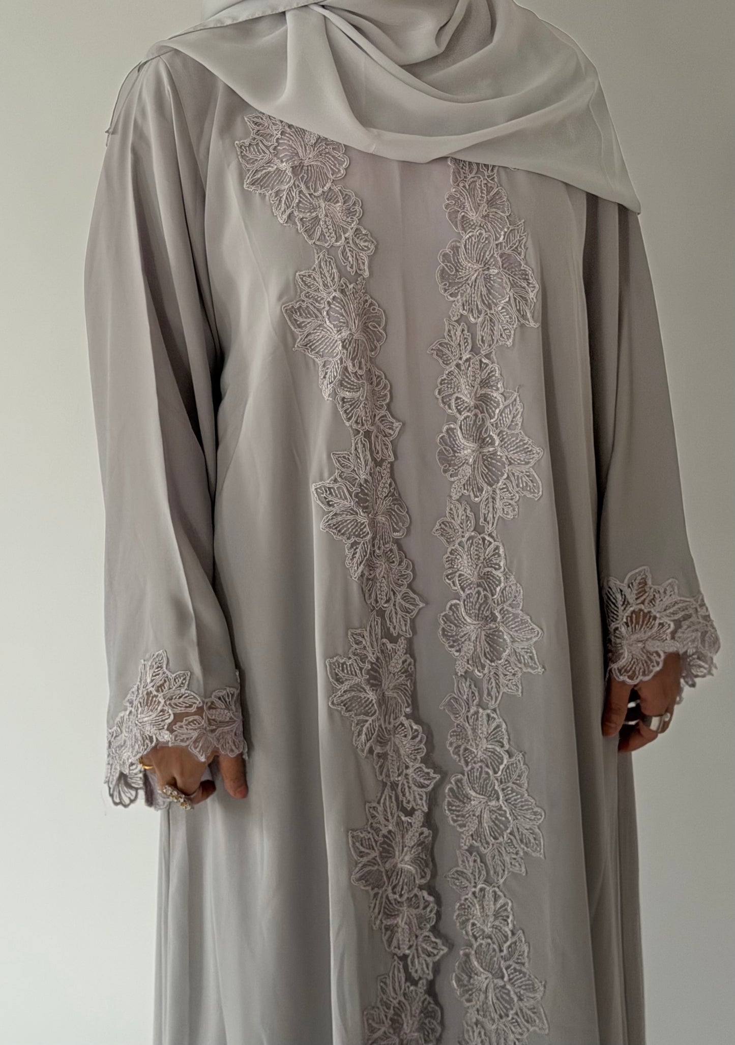 Afrin -Three Piece Lace-Abaya Set-Bright Gray