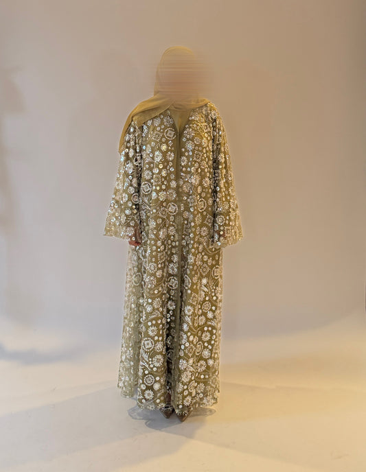 Roya-Heavily embellished-Abaya Set-Camo Yellow