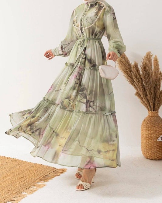Patterned Embroidered Sage Chiffon Dress
