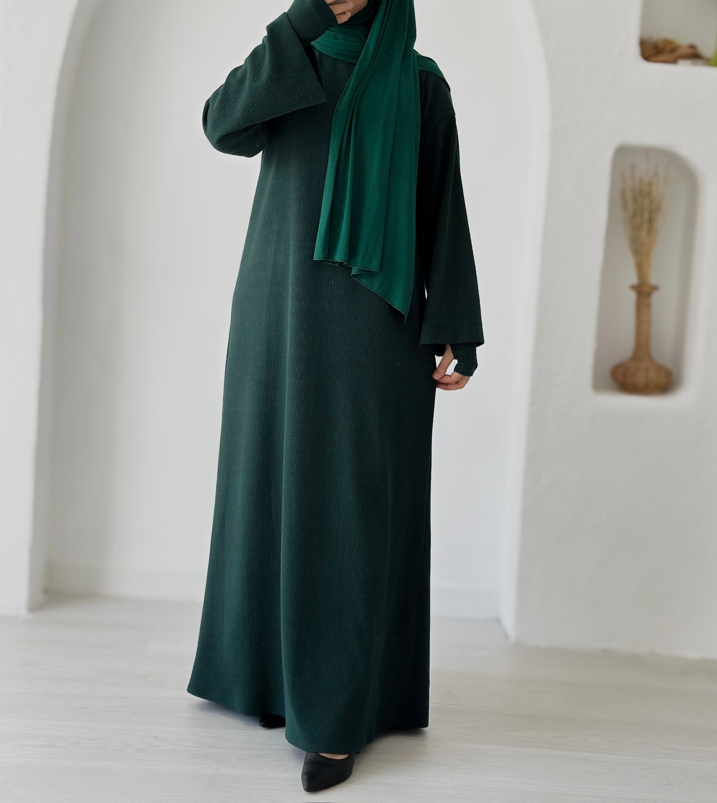 Ayah-knitted Dress Rose+Arm Sleeves-Dark Green