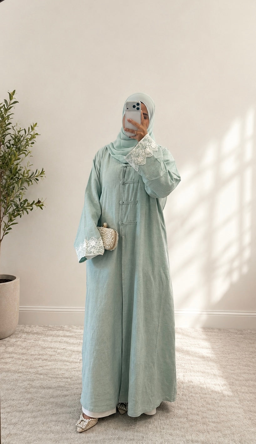 Sora-Linen Two Piece-Abaya Set-Soft Mint