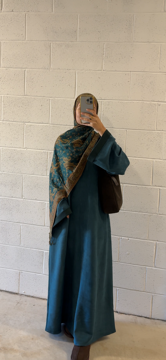 Haya-Suede Winter Abaya-Dark Teal