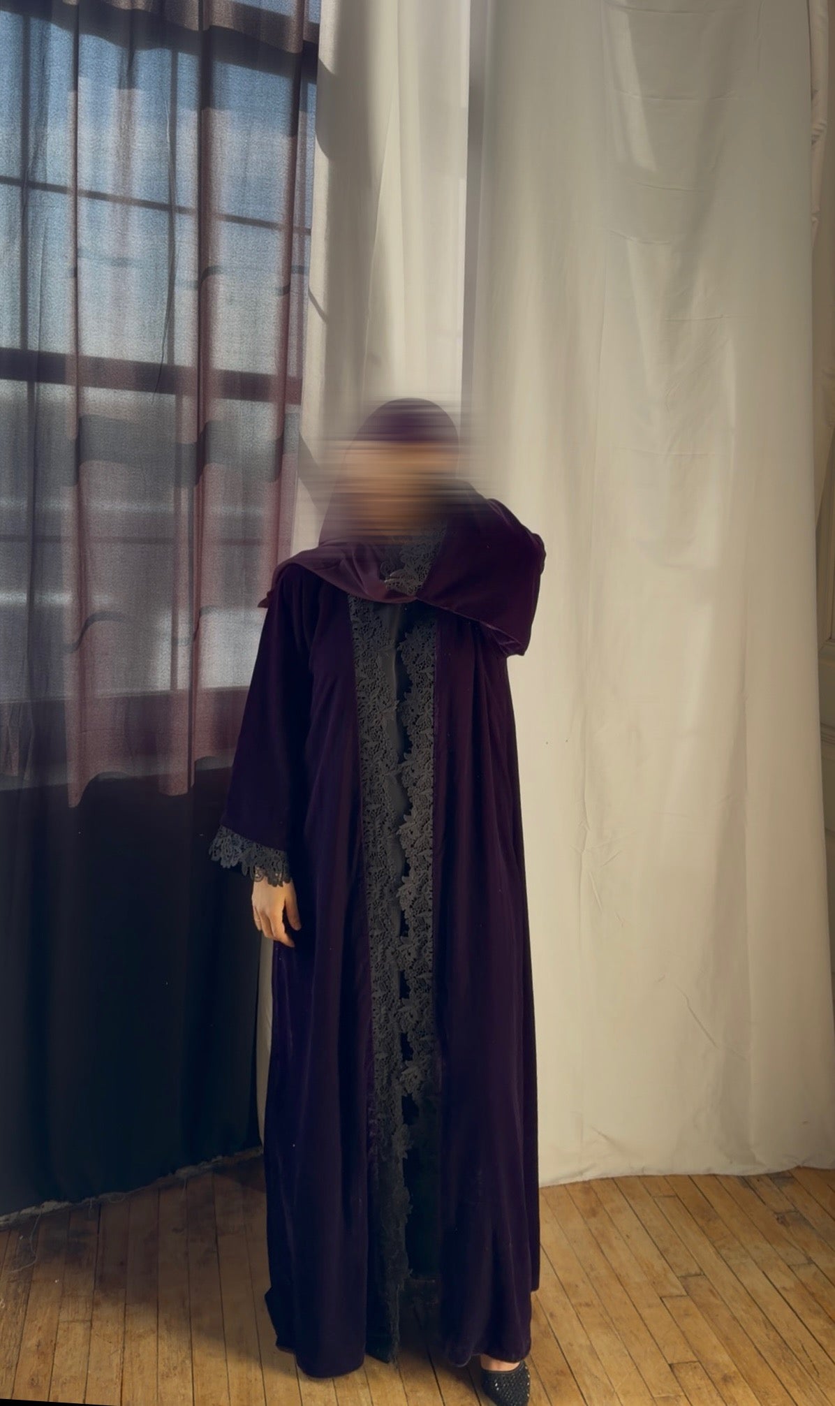 Nawal-Velvet Lace Abaya Set-Dark Purple