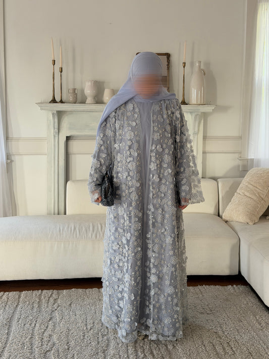 Malika-Heavy Work Flower Abaya - Blue Gray