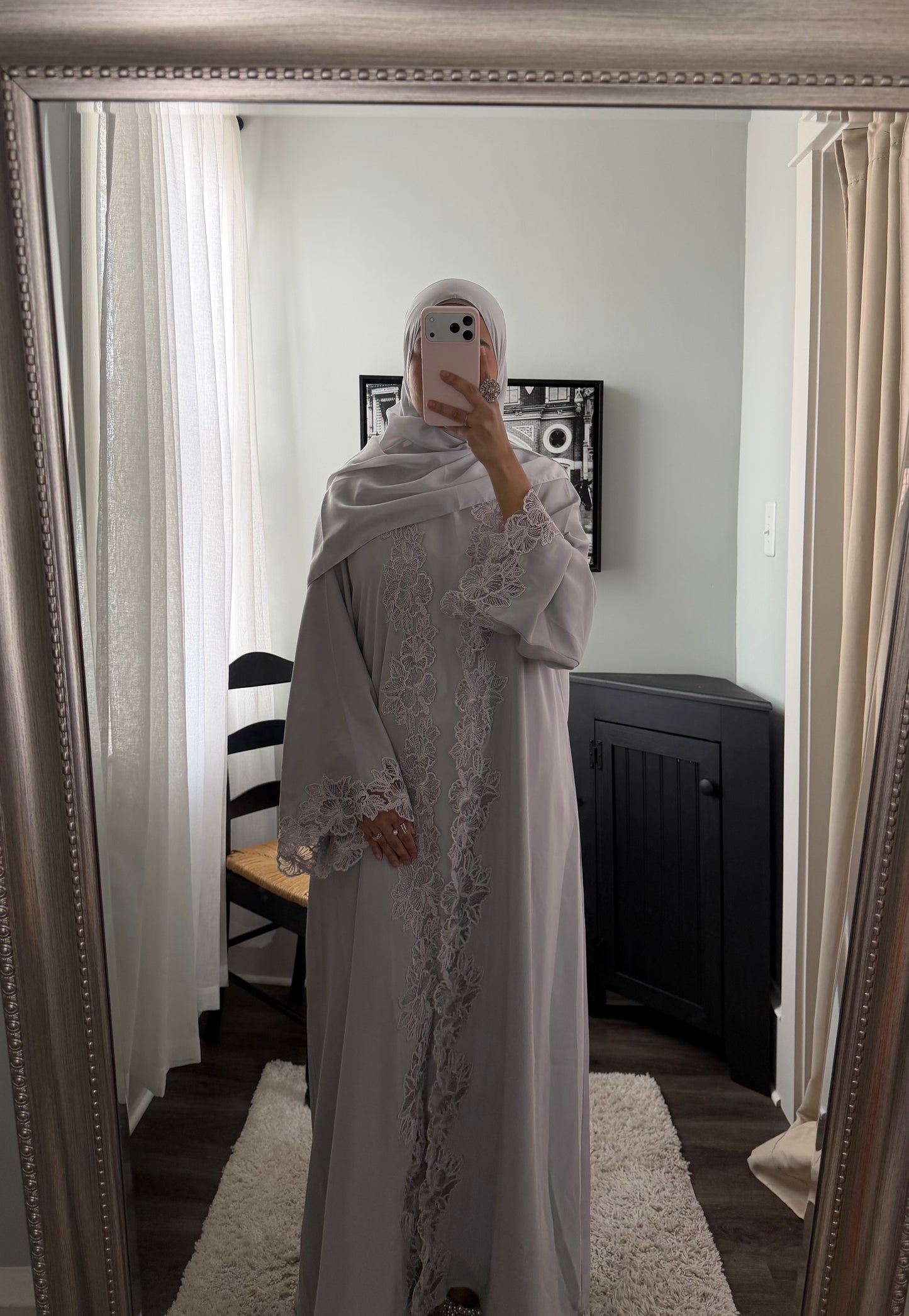 Afrin -Three Piece Lace-Abaya Set-Bright Gray