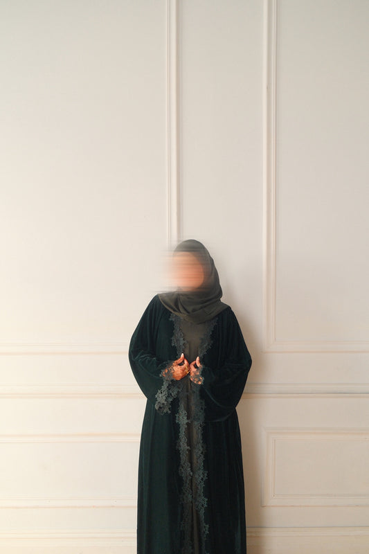 Nawal-Velvet Lace Abaya Set-Dark Green