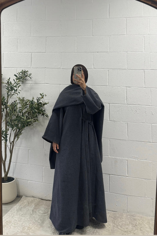 Wool Abaya Coat-Matching Shawl-Dark Grey