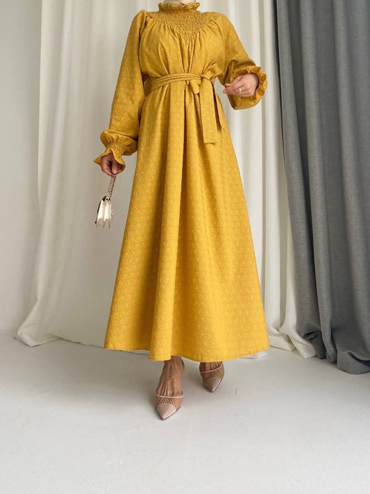 Asma-Mustard embroidery dress