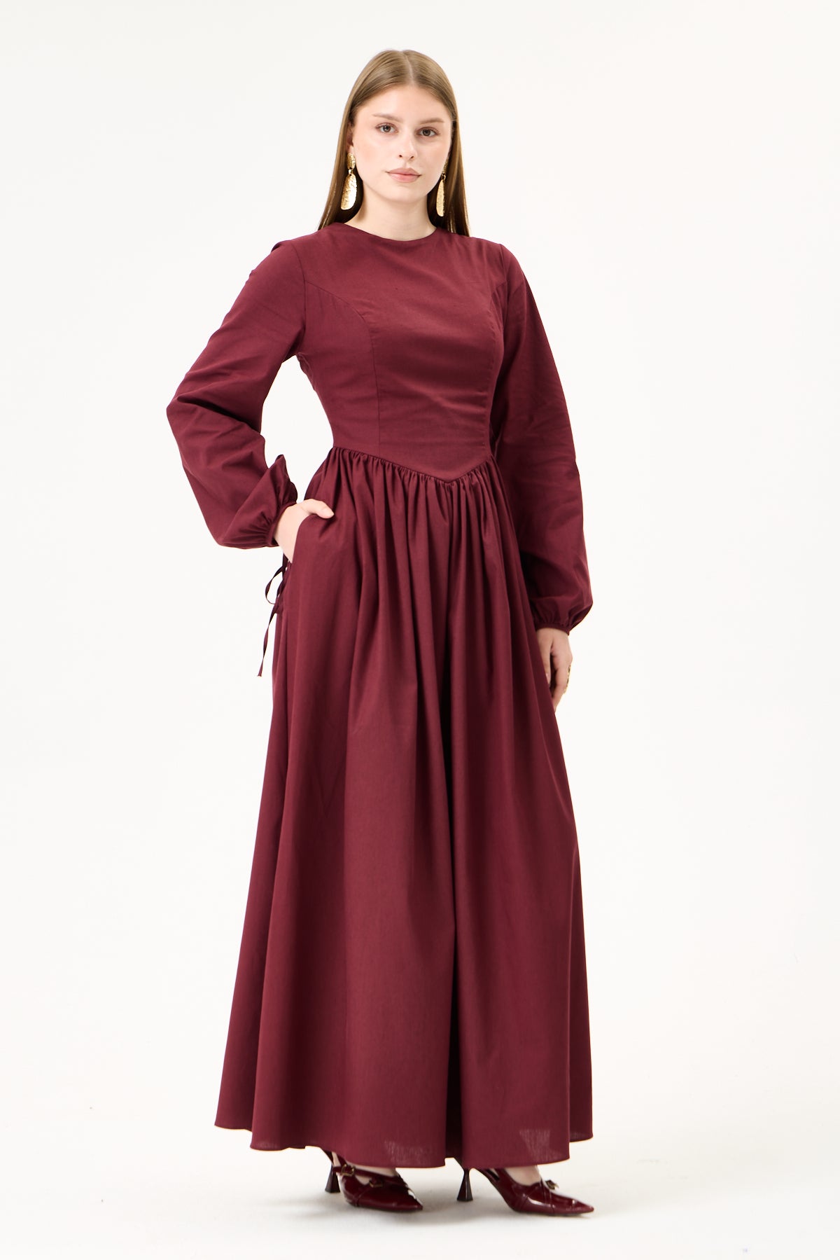 Willow-Dropped Waist- Maxi Dress-Maroon