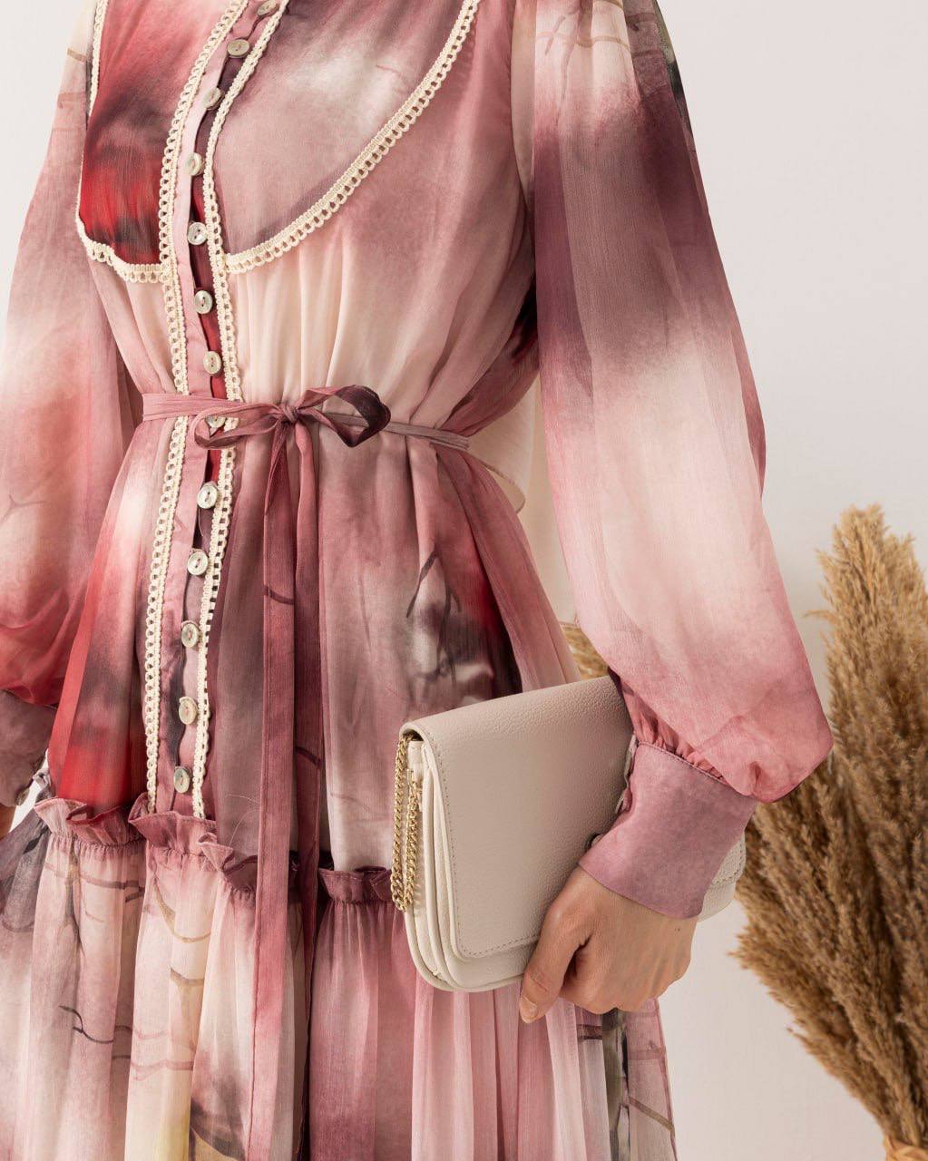 Patterned Embroidered Pink Chiffon Dress