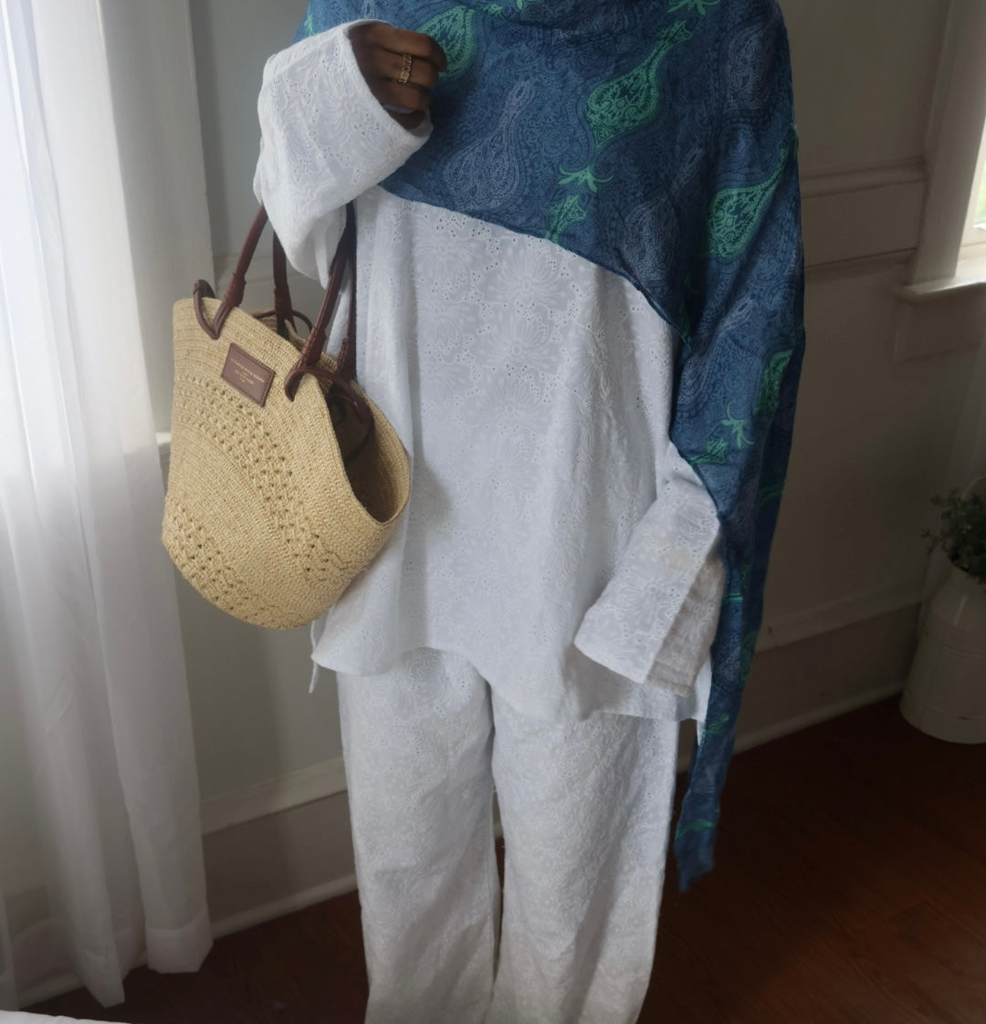 Two Piece-Cotton Top and Pant-Set-White
