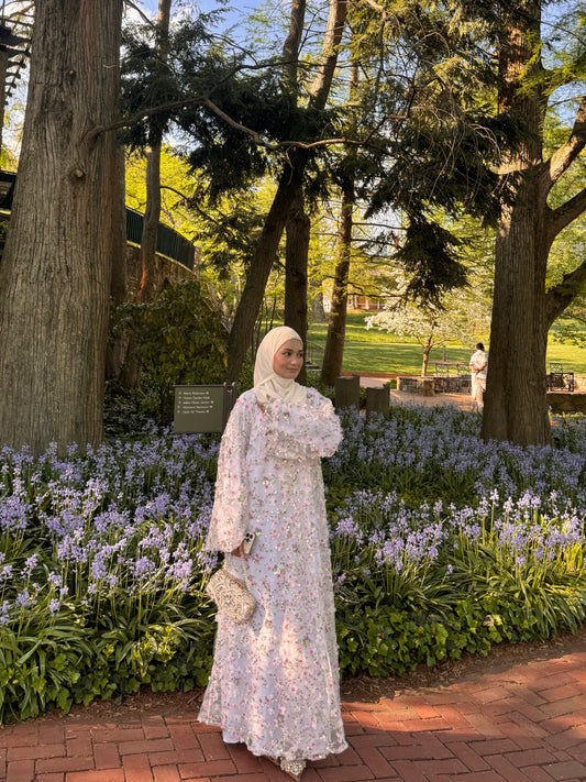 Nouri-Heavy Flower Work-White Abaya set