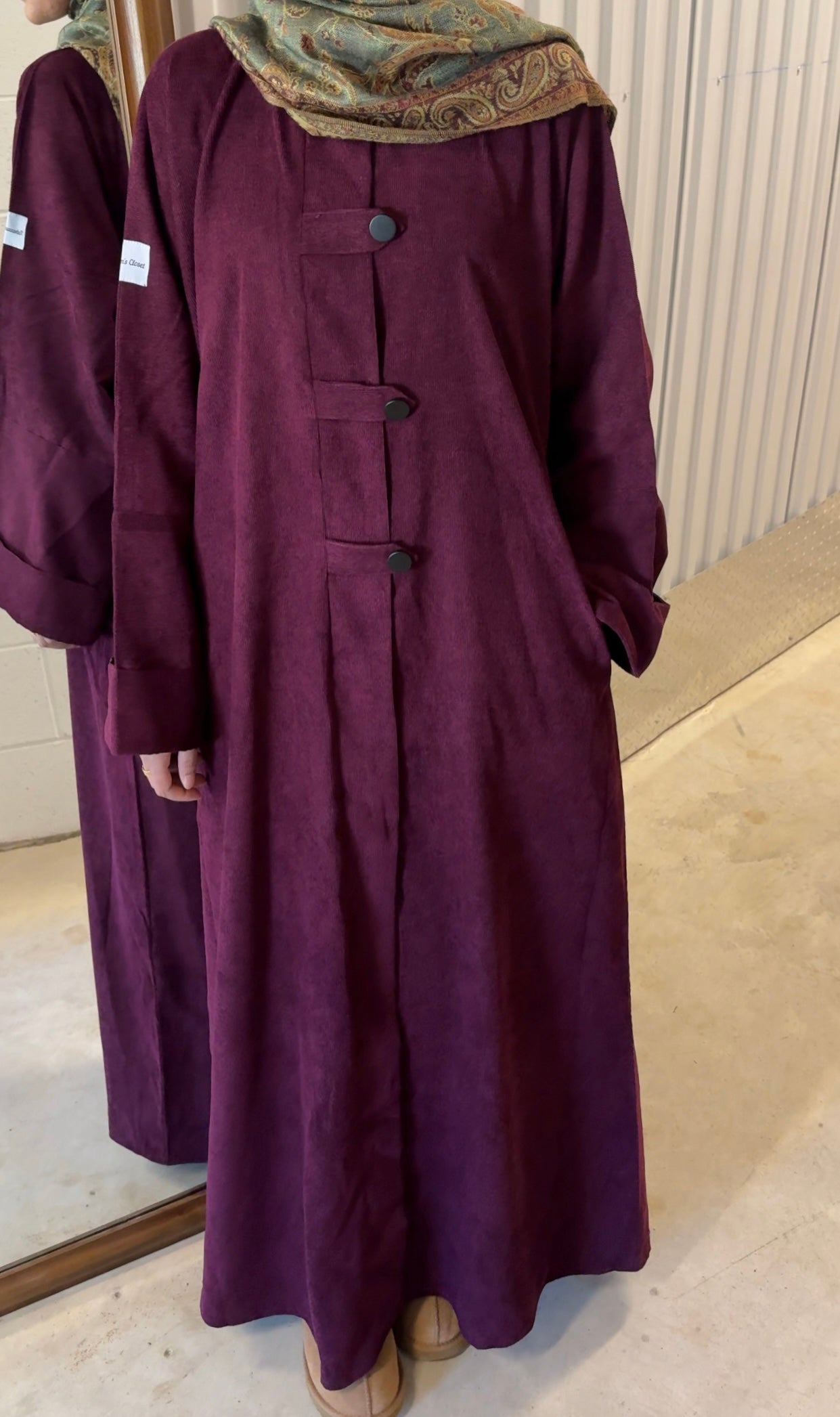 Arwa-Corduroy Winter Button Abaya-Maroon