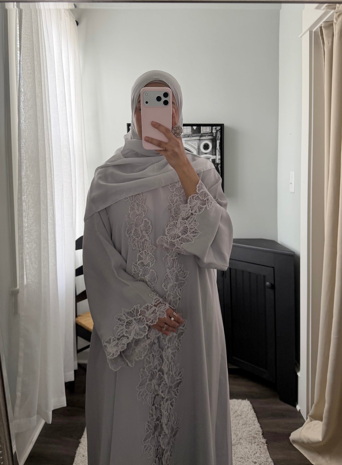Afrin -Three Piece Lace-Abaya Set-Bright Gray