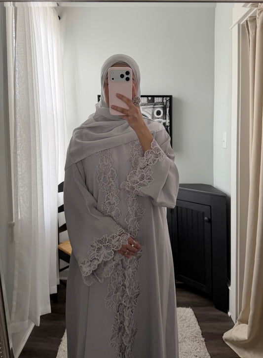 Afrin -Three Piece Lace-Abaya Set-Bright Gray