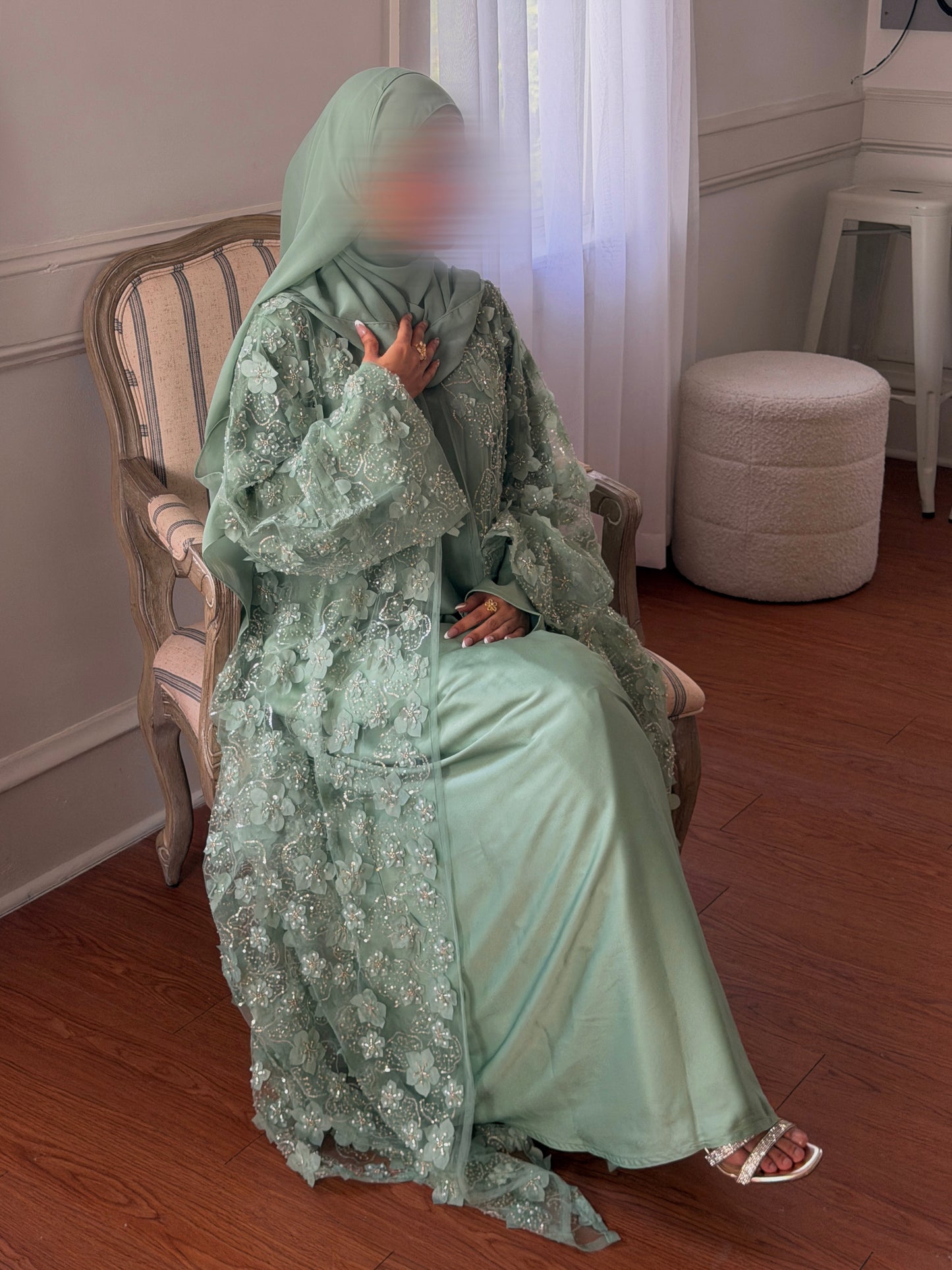 Malika-Heavy Work Flower Abaya - Sage