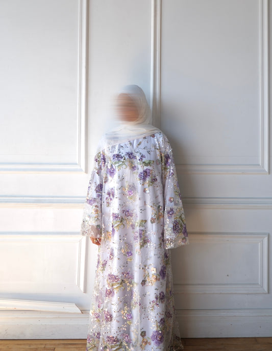Nouri-Heavy Flower Work-White Abaya Set