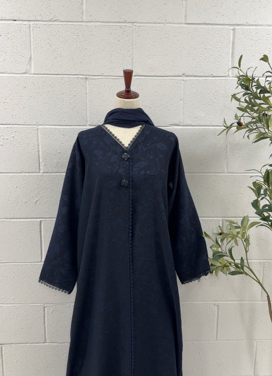Aaira-Closed Button Lace Abaya-Navy Jacquard Design