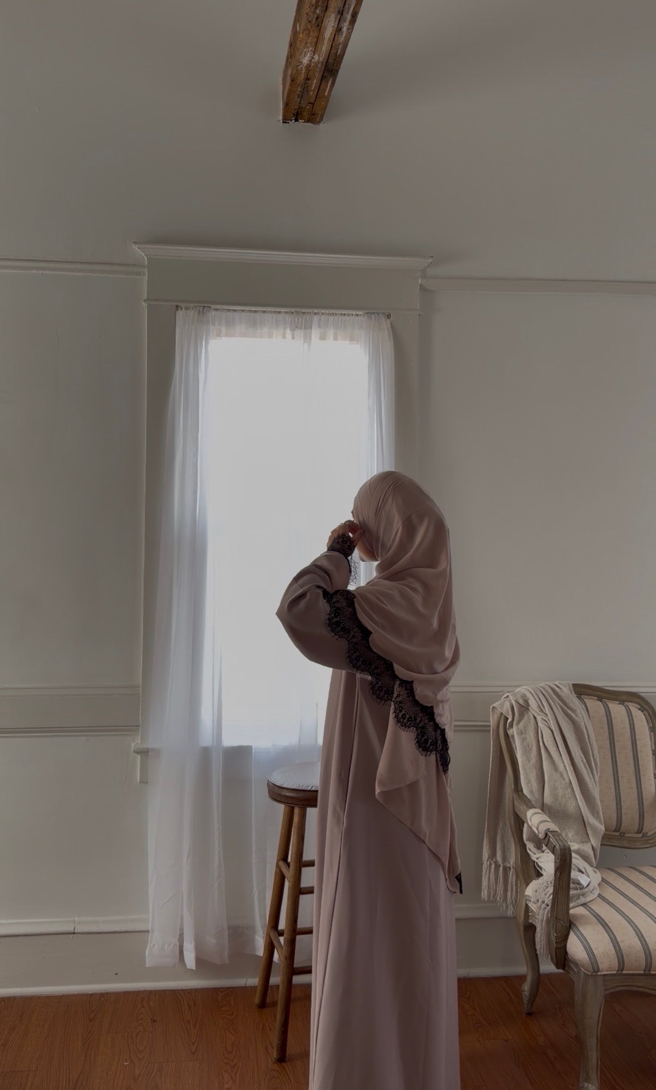 Rania-Lace Crepe Abaya Set-Latte