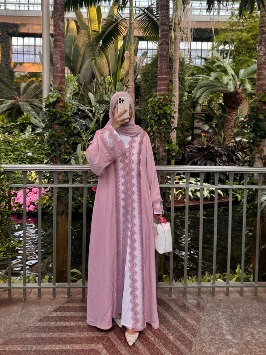 Duniya-Three Piece Lace-Abaya set-pink