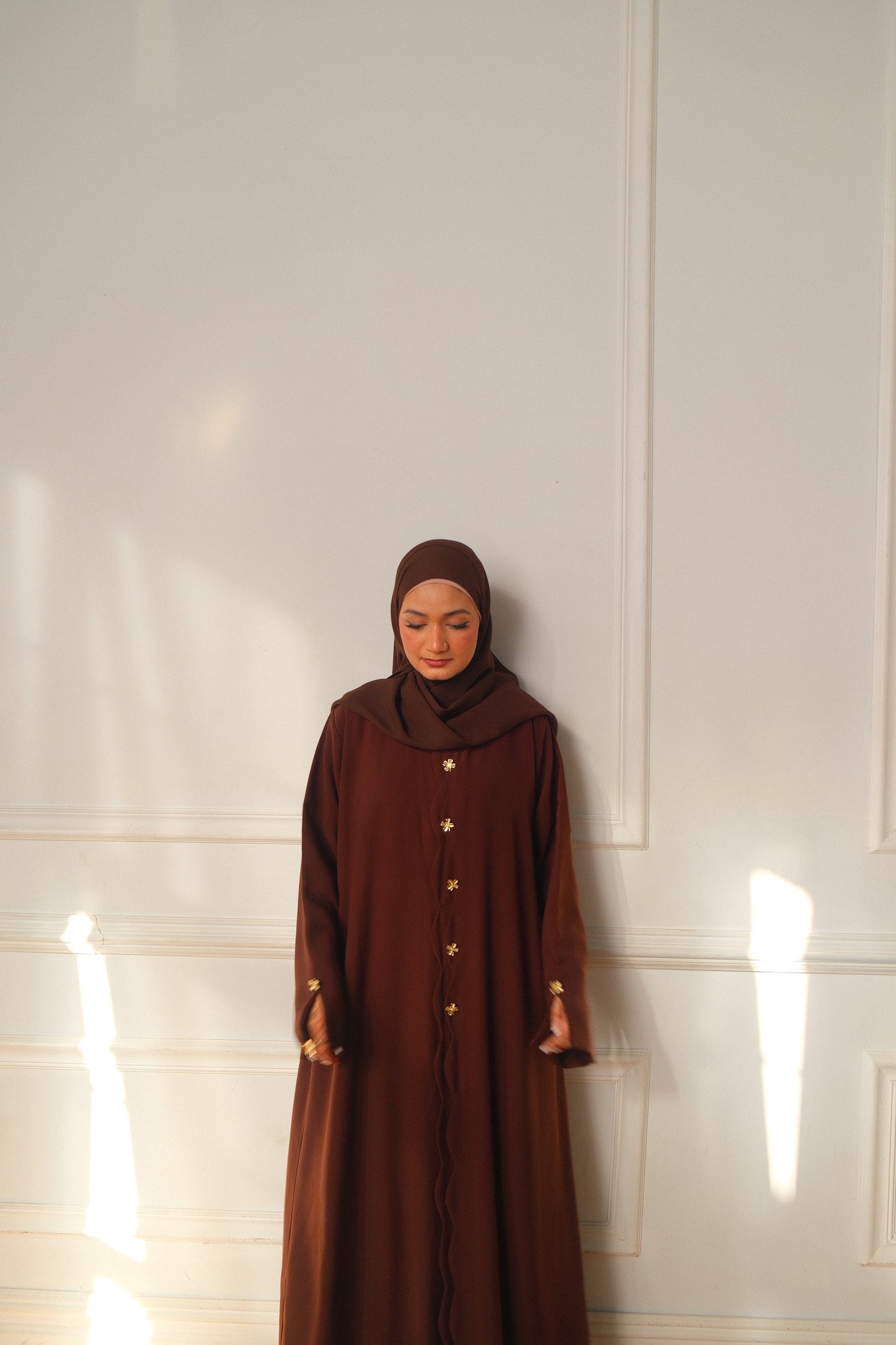 Aleena-Gold button-Abaya Set-Brown