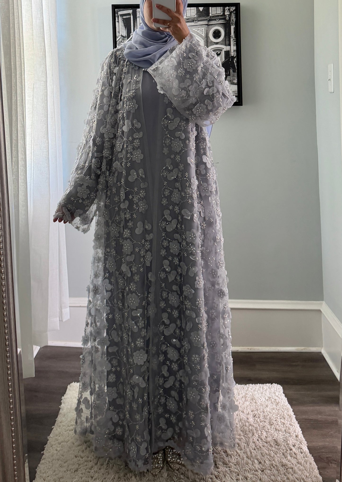 Malika-Heavy Work Flower Abaya - Blue Gray