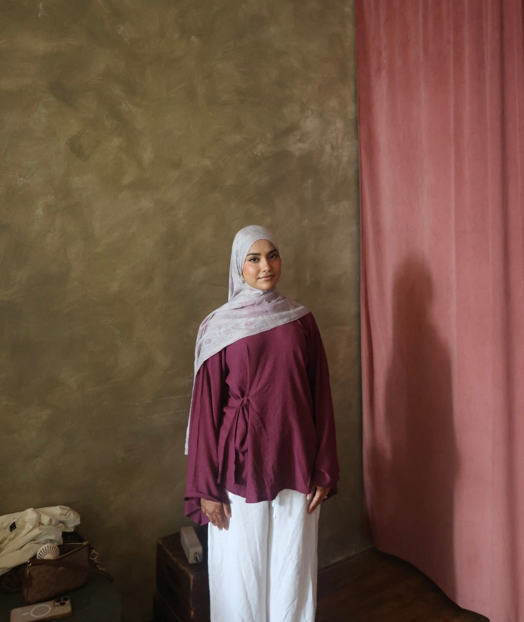 Tie Front Top- Wide Sleeves-Dull Magenta