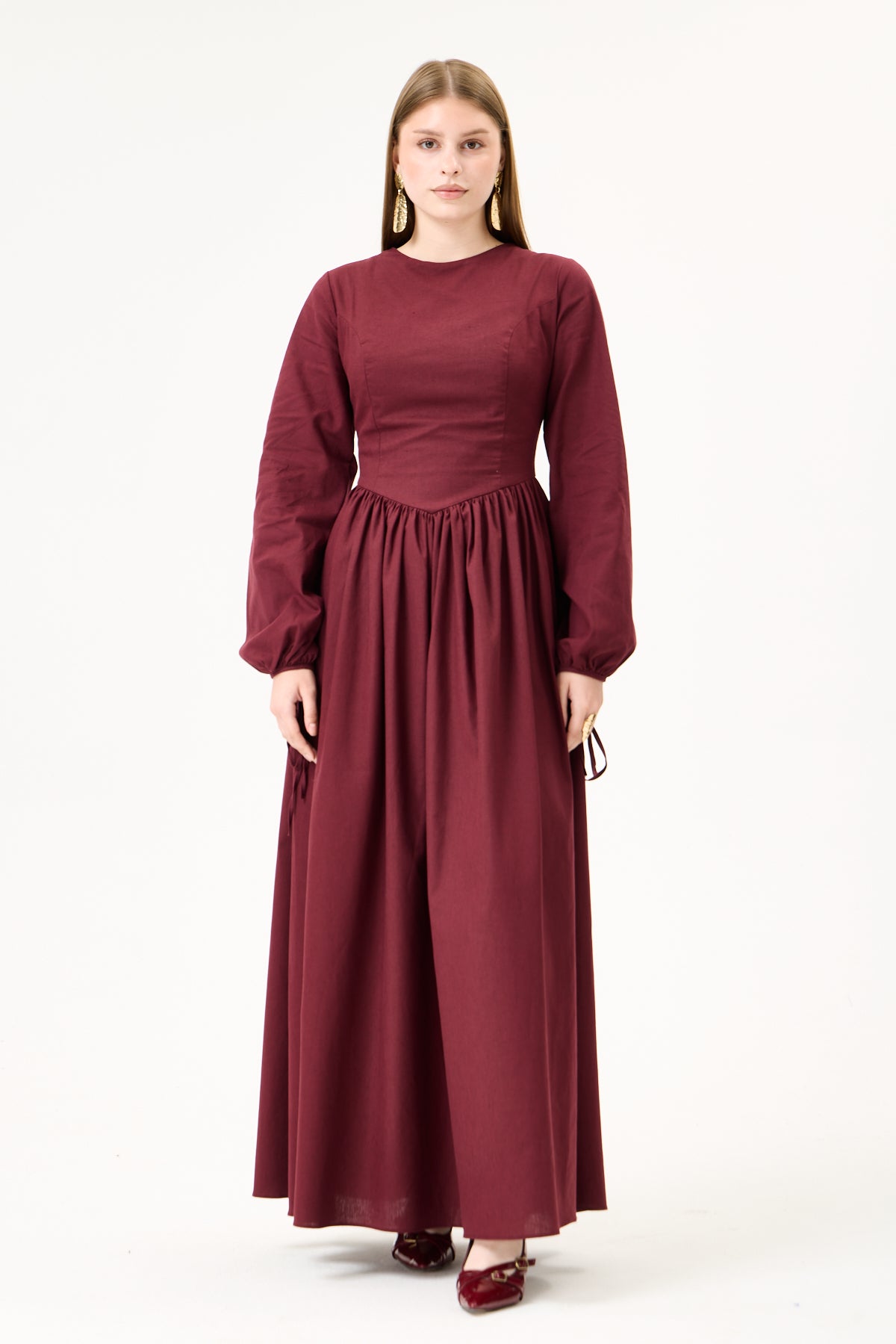 Willow-Dropped Waist- Maxi Dress-Maroon