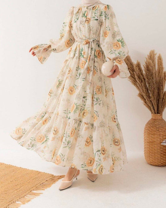 Floral Chiffon Maxi Dress-Orange Rose